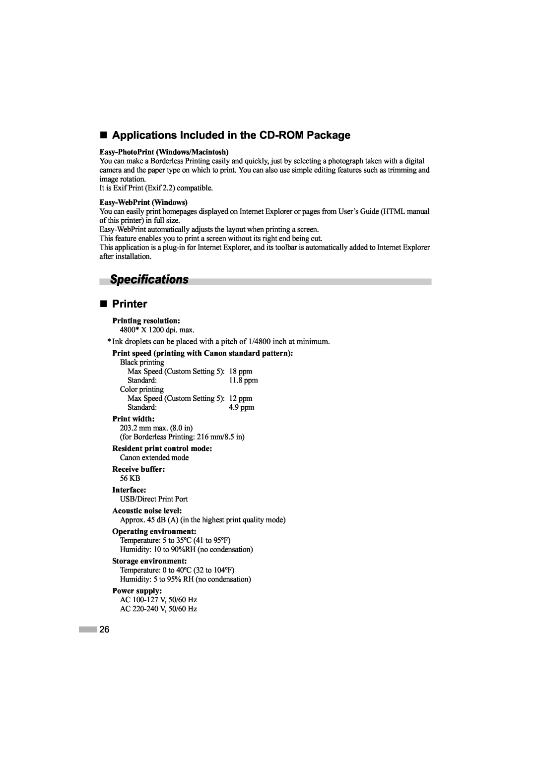 Canon 475D quick start Specifications, „ Applications Included in the CD-ROM Package, „ Printer 