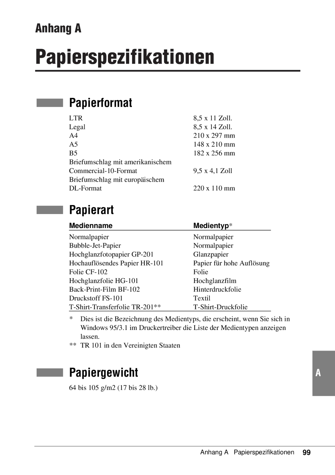 Canon 50 manual Papierspezifikationen, Anhang a, Papierformat, Papierart, Papiergewicht 