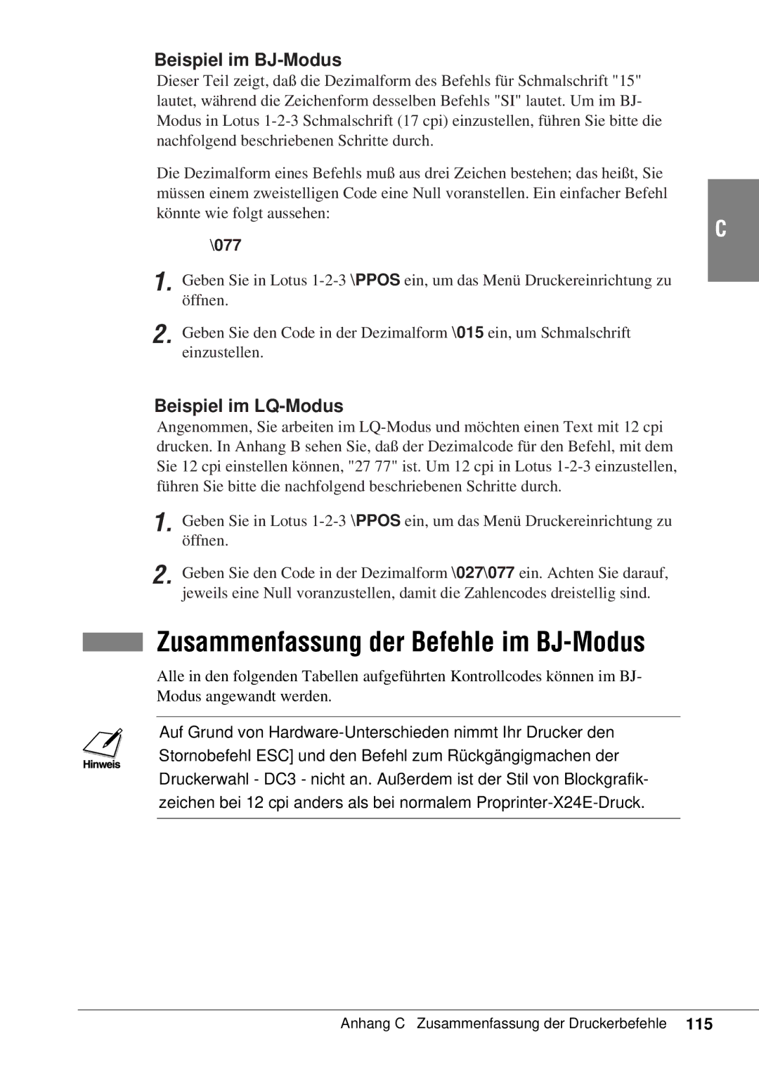 Canon 50 manual Zusammenfassung der Befehle im BJ-Modus, Beispiel im BJ-Modus, Beispiel im LQ-Modus, 077 