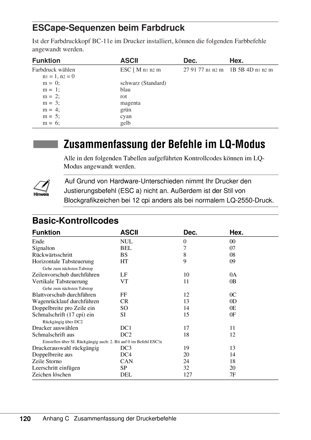 Canon 50 manual Zusammenfassung der Befehle im LQ-Modus, ESCape-Sequenzen beim Farbdruck 