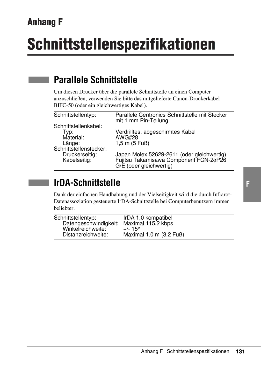 Canon 50 manual Schnittstellenspezifikationen, Anhang F, Parallele Schnittstelle, IrDA-Schnittstelle 