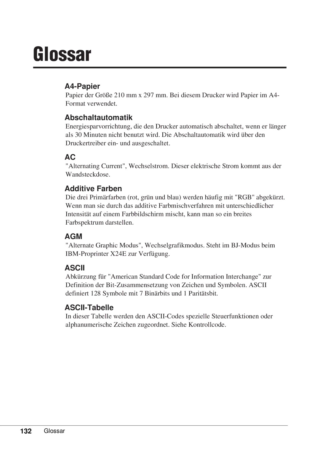 Canon 50 manual Glossar, A4-Papier, Abschaltautomatik, Additive Farben, ASCII-Tabelle 