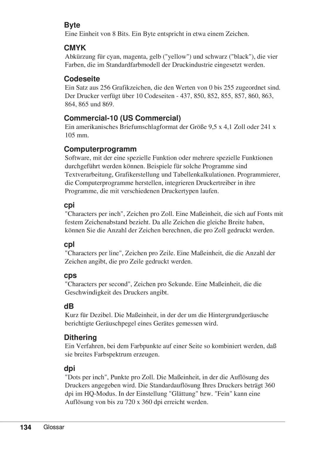 Canon 50 manual Byte, Codeseite, Commercial-10 US Commercial, Computerprogramm, Cpi, Cpl, Cps, Dithering, Dpi 