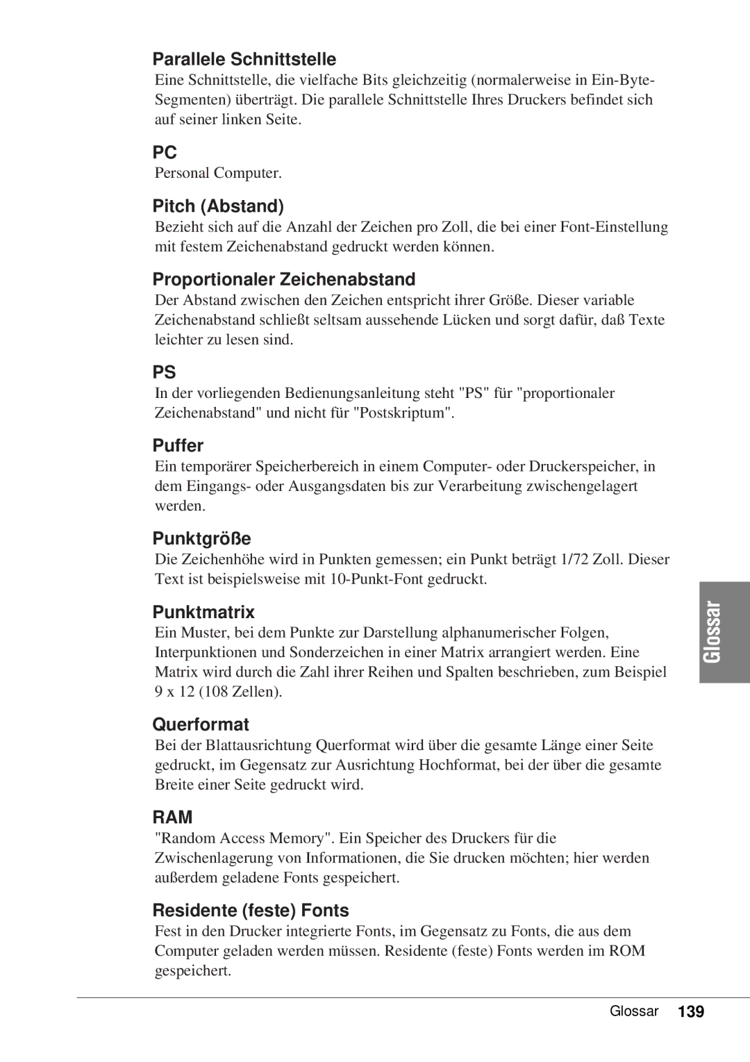 Canon 50 manual Parallele Schnittstelle, Pitch Abstand, Proportionaler Zeichenabstand, Puffer, Punktgröße, Punktmatrix 