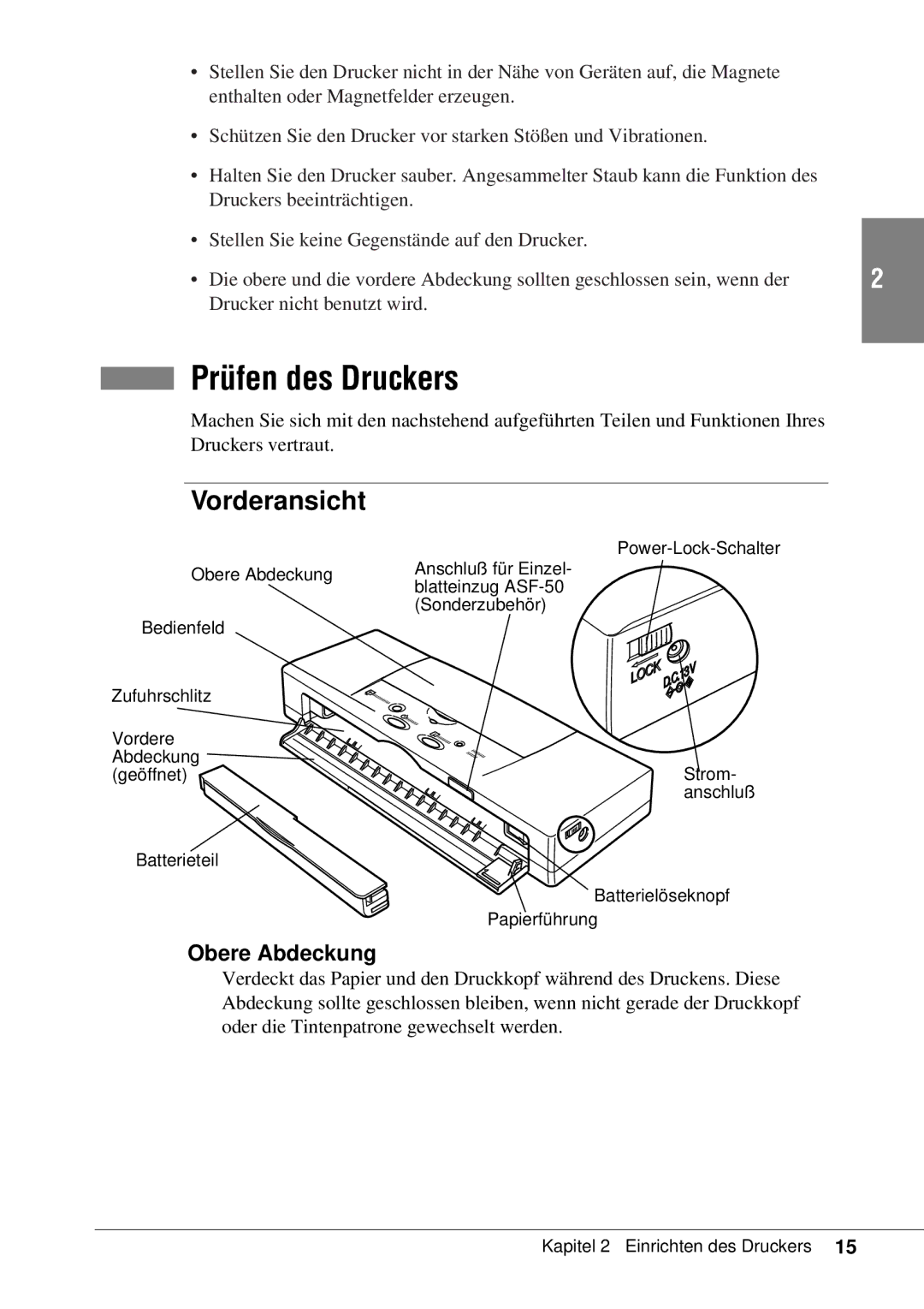 Canon 50 manual Prüfen des Druckers, Vorderansicht, Obere Abdeckung 