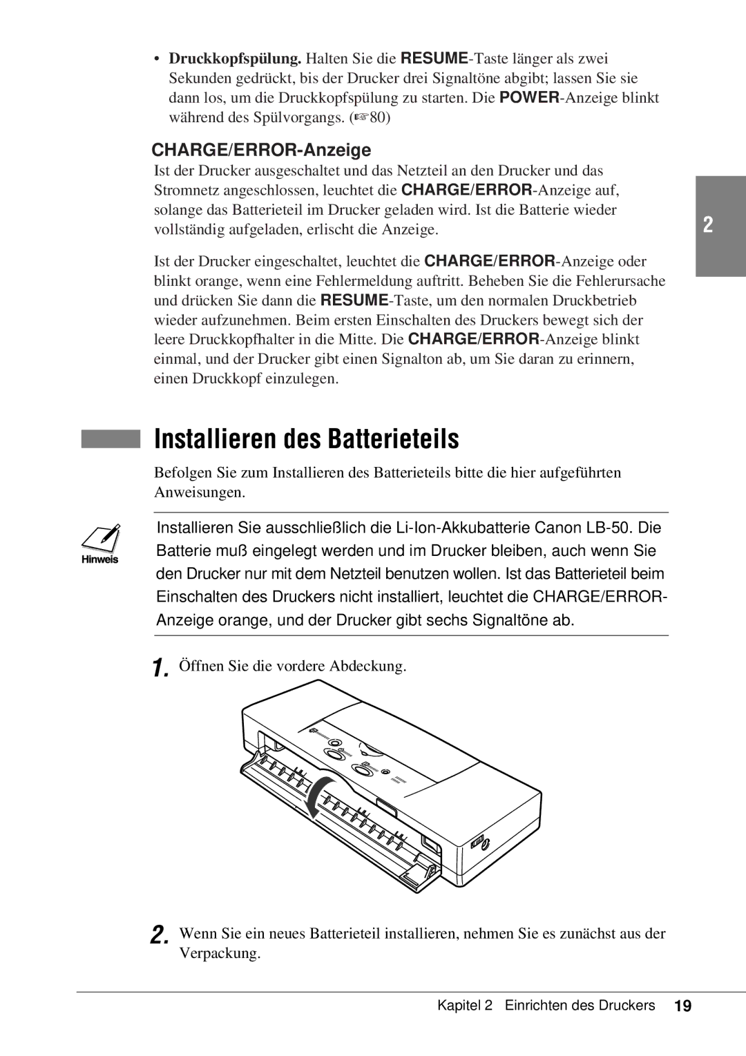 Canon 50 manual Installieren des Batterieteils, CHARGE/ERROR-Anzeige 