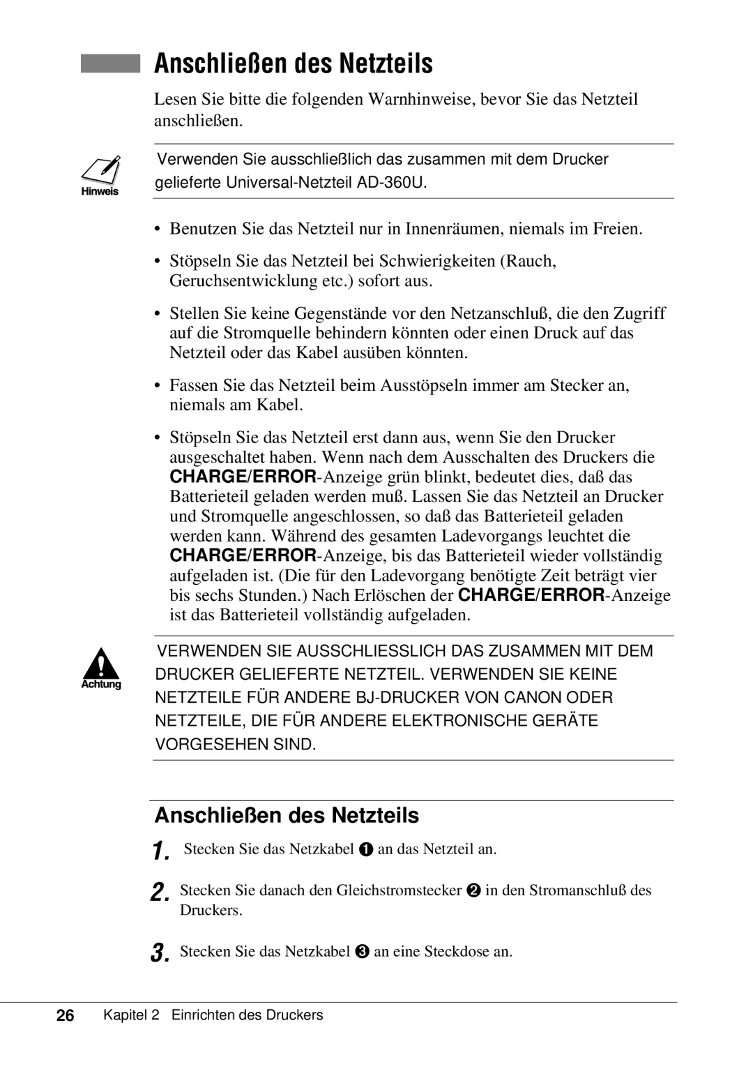 Canon 50 manual Anschließen des Netzteils 