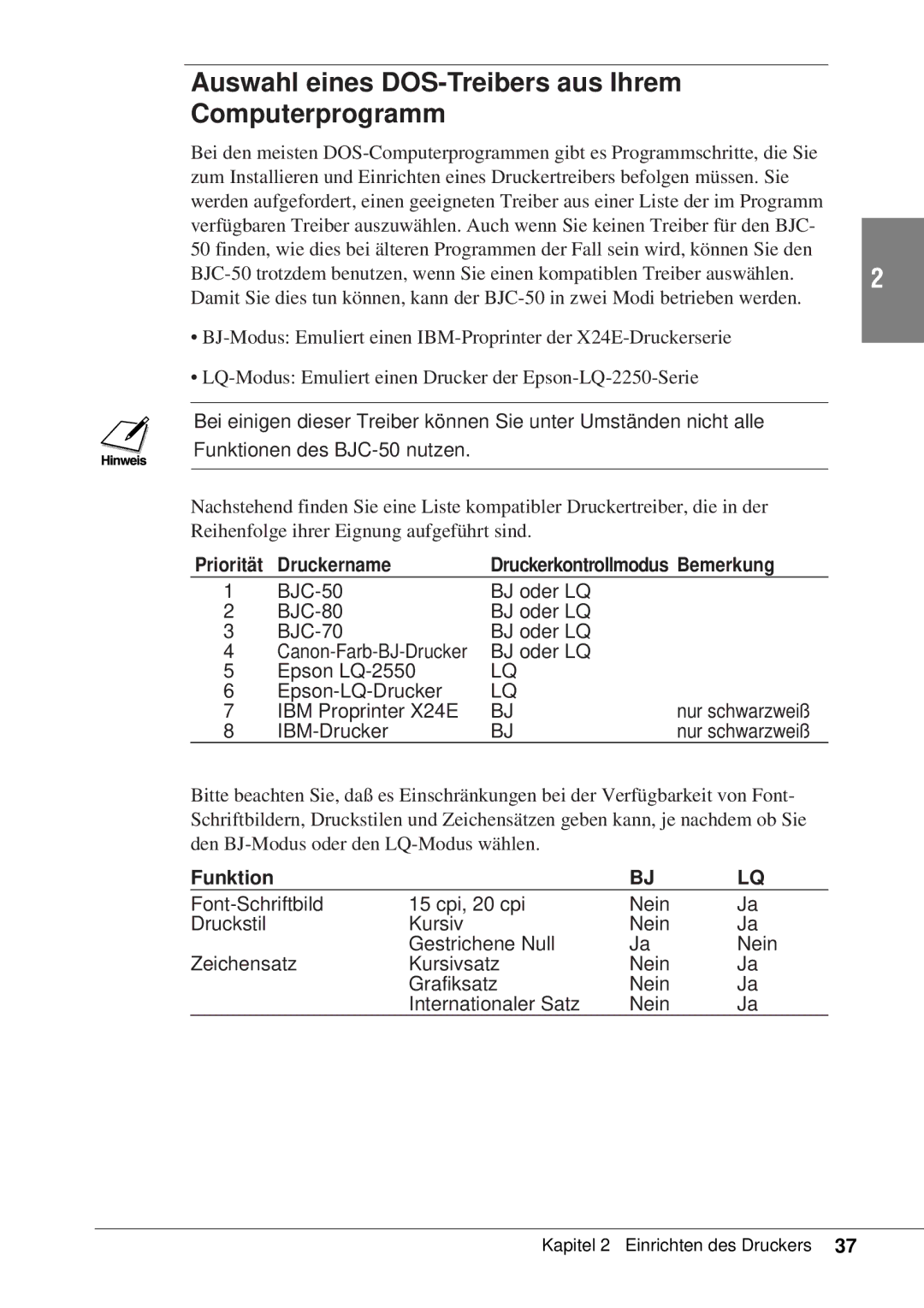 Canon 50 manual Auswahl eines DOS-Treibers aus Ihrem Computerprogramm, Druckername Druckerkontrollmodus Bemerkung, Funktion 