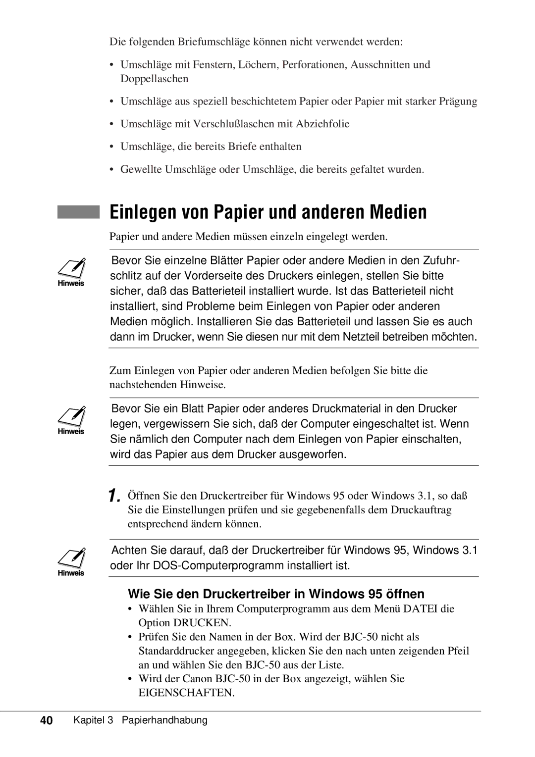 Canon 50 manual Einlegen von Papier und anderen Medien, Wie Sie den Druckertreiber in Windows 95 öffnen 