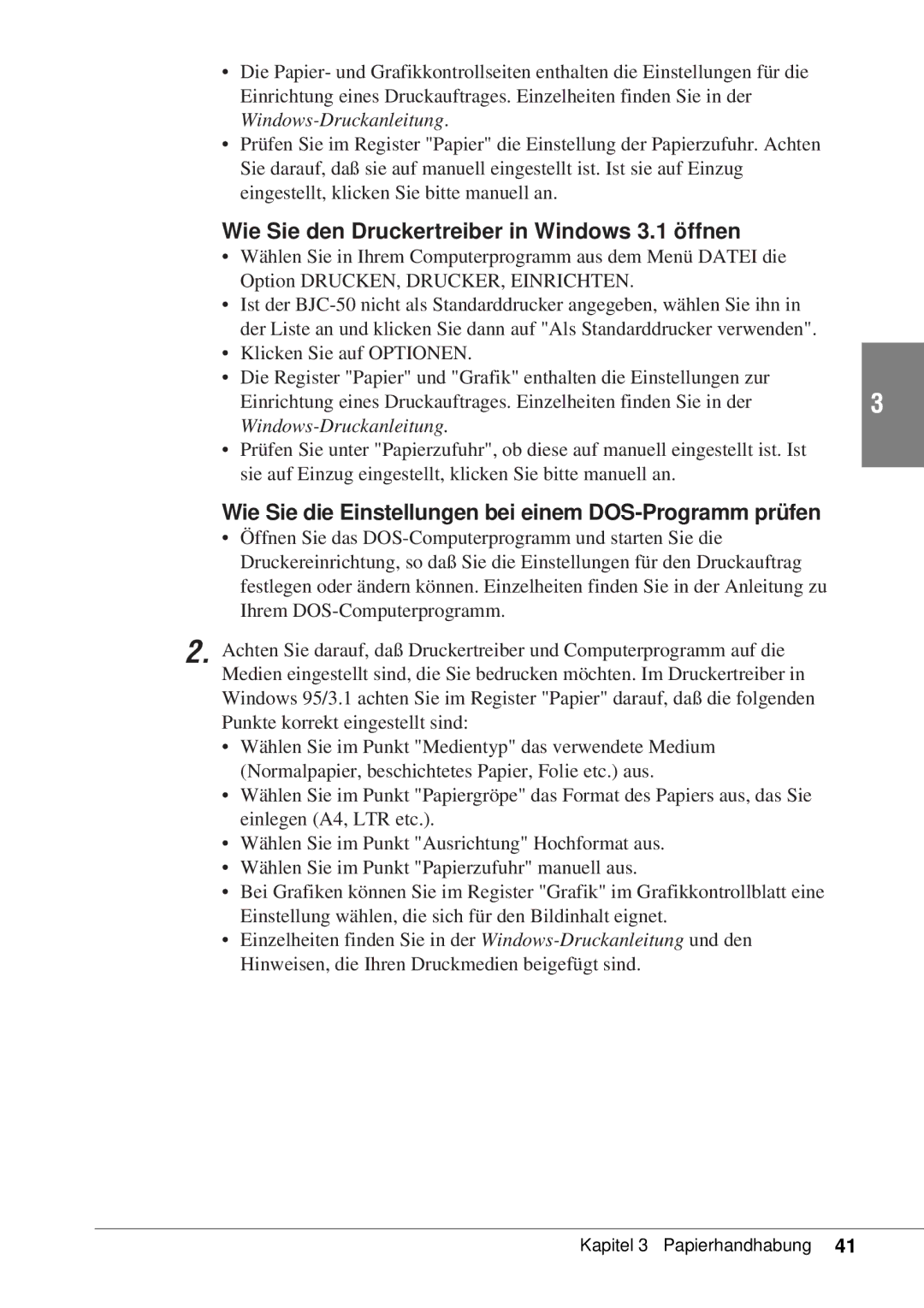 Canon 50 manual Wie Sie den Druckertreiber in Windows 3.1 öffnen, Wie Sie die Einstellungen bei einem DOS-Programm prüfen 