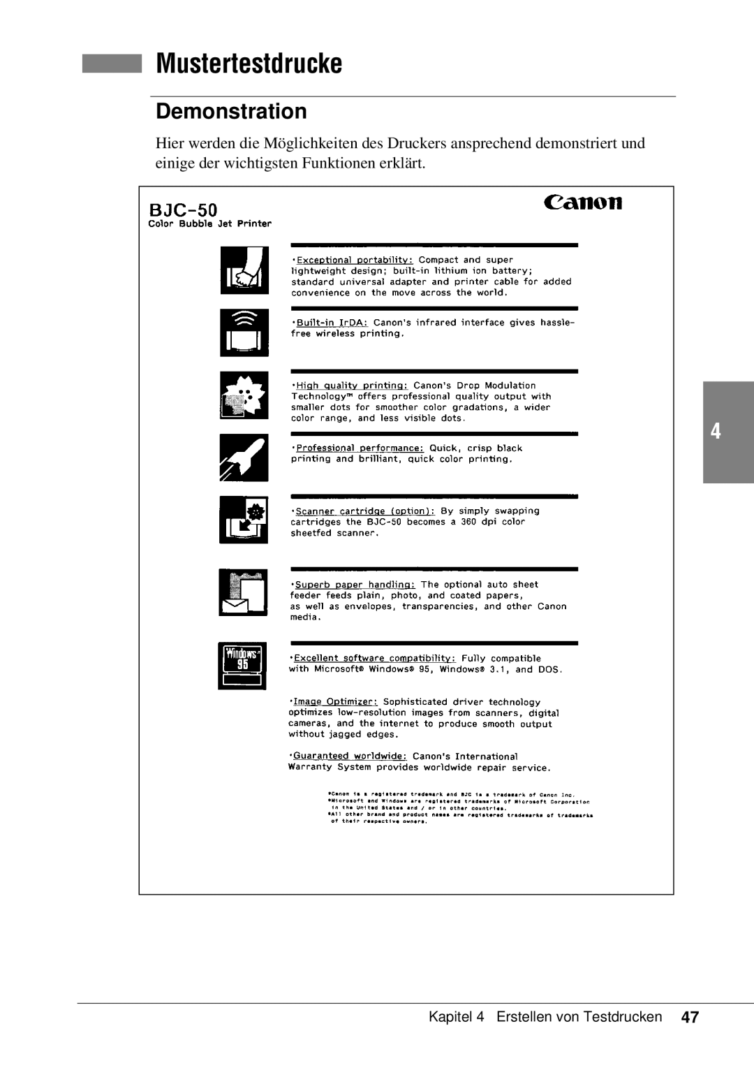 Canon 50 manual Mustertestdrucke, Demonstration 