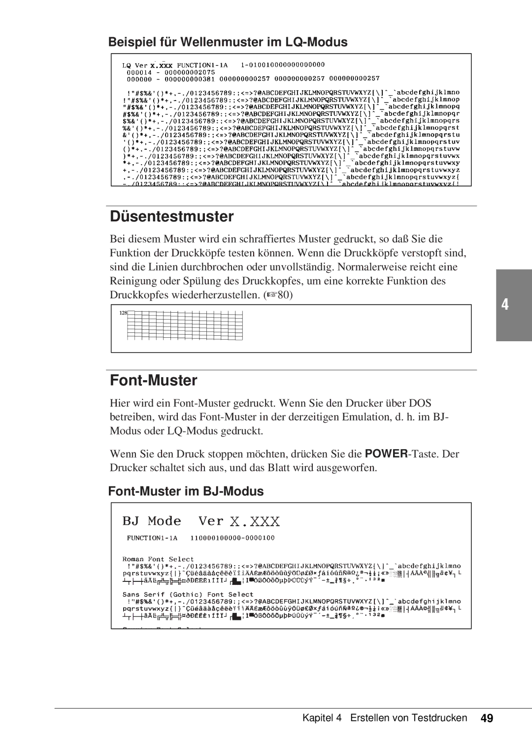 Canon 50 manual Düsentestmuster, Beispiel für Wellenmuster im LQ-Modus, Font-Muster im BJ-Modus 