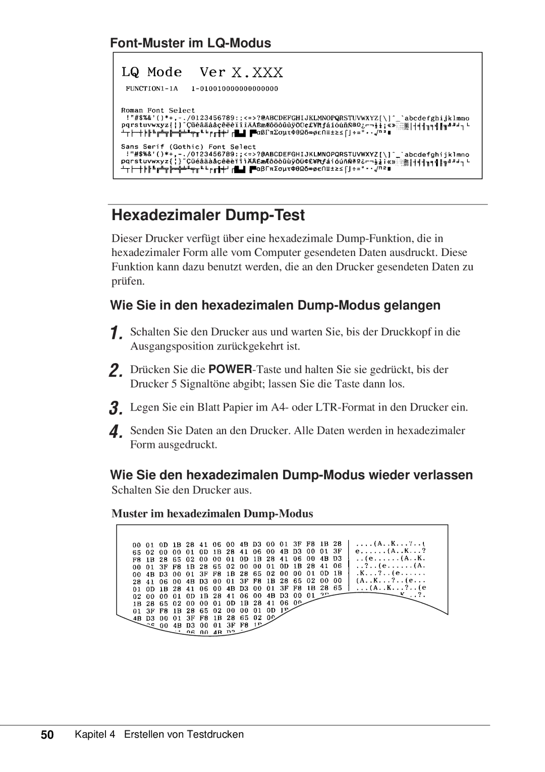 Canon 50 manual Hexadezimaler Dump-Test, Font-Muster im LQ-Modus, Wie Sie in den hexadezimalen Dump-Modus gelangen 