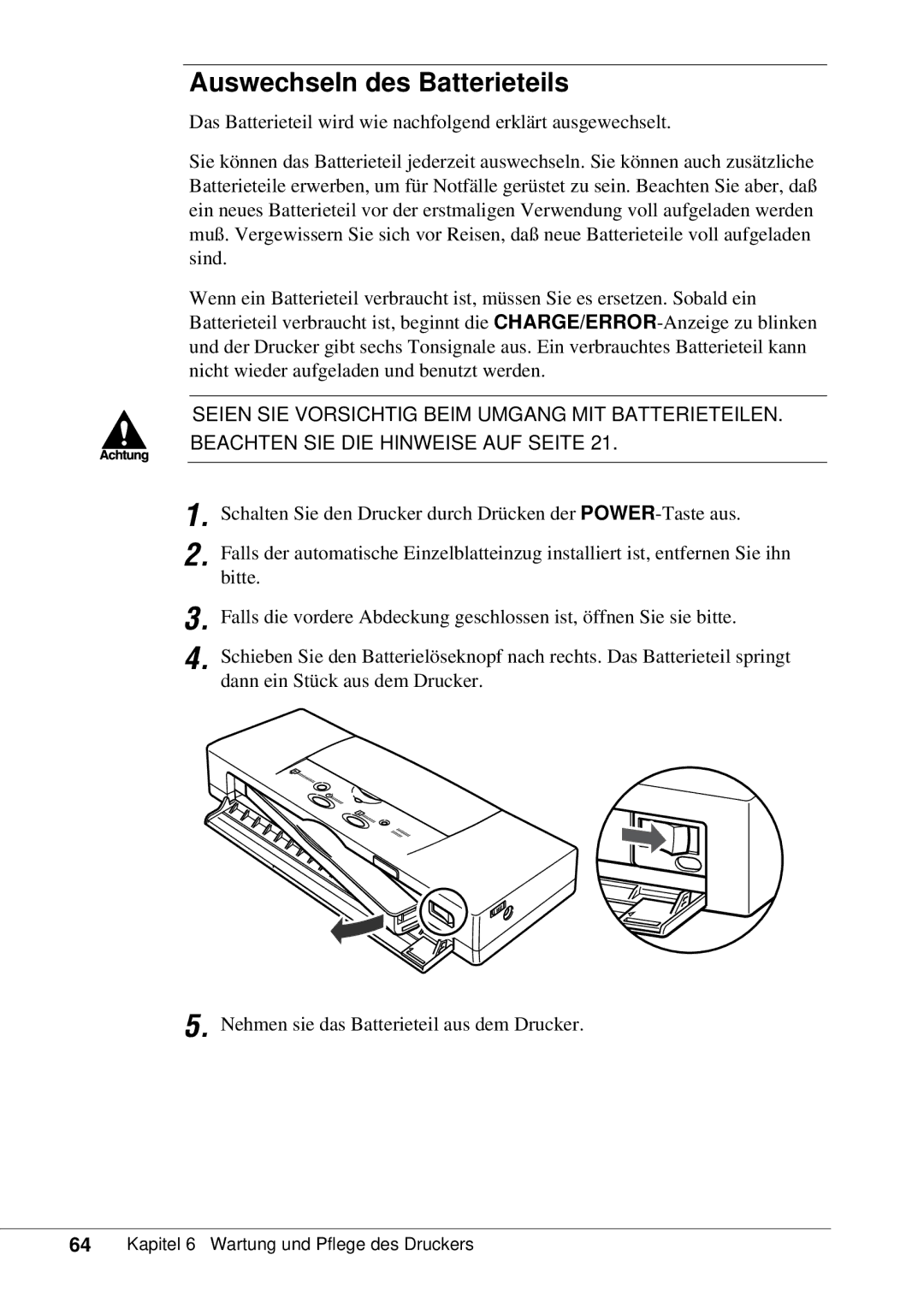 Canon 50 manual Auswechseln des Batterieteils 