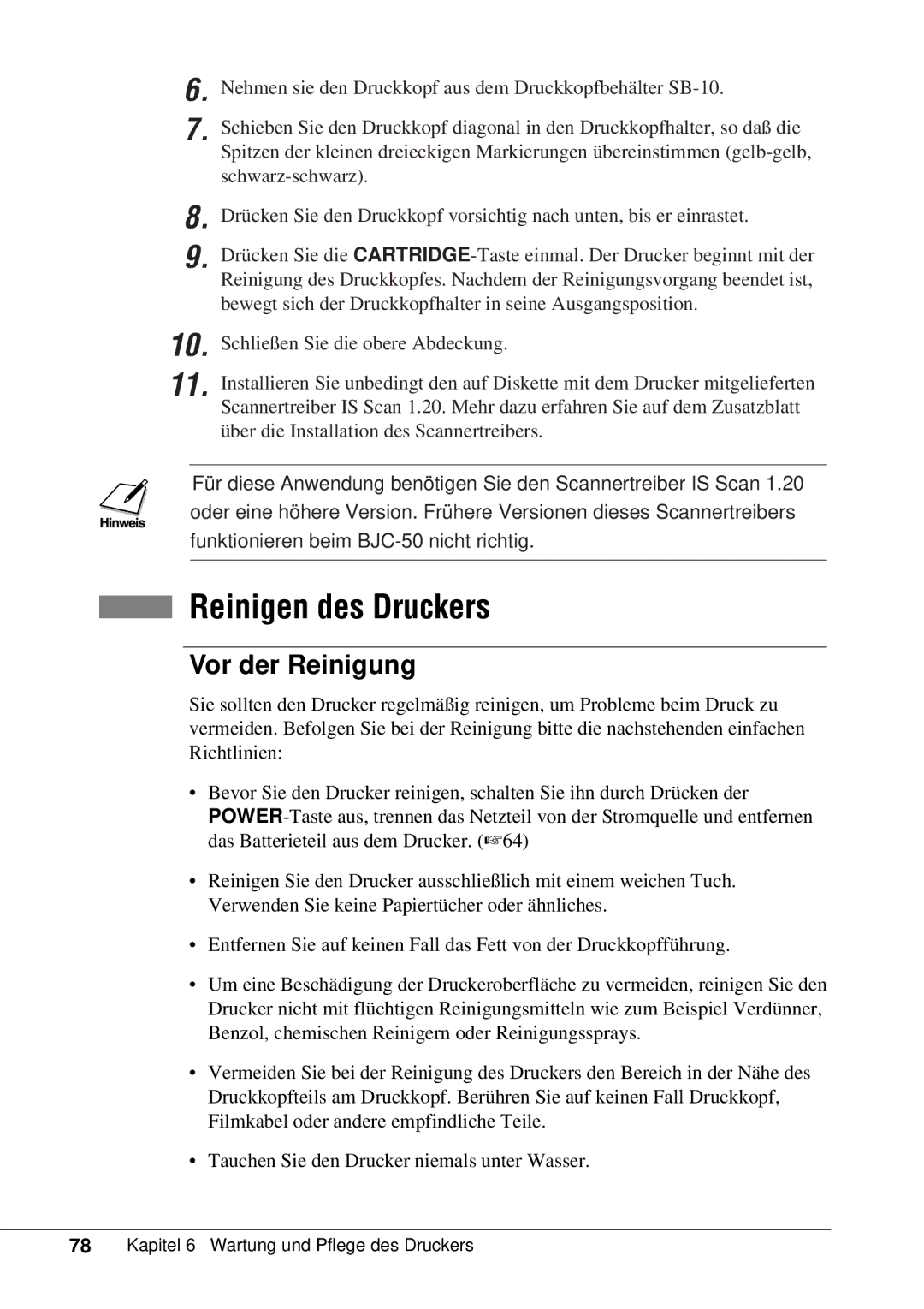 Canon 50 manual Reinigen des Druckers, Vor der Reinigung 