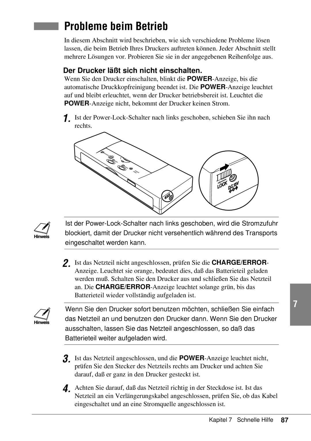 Canon 50 manual Probleme beim Betrieb, Der Drucker läßt sich nicht einschalten 