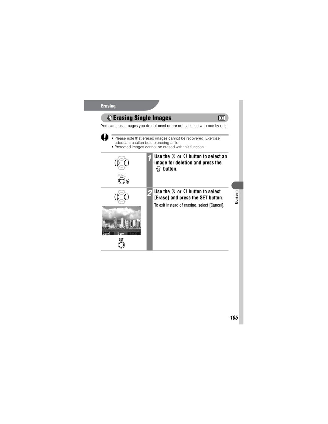 Canon 430, 500 manual Erasing Single Images, To exit instead of erasing, select Cancel 