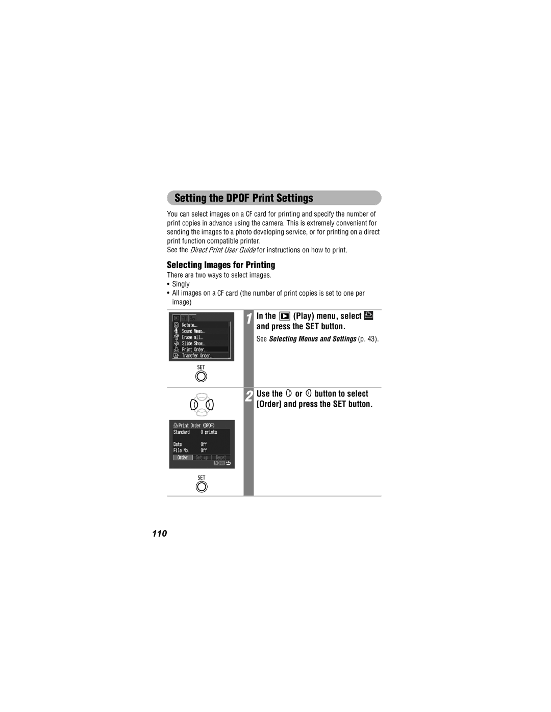 Canon 500, 430 manual Setting the Dpof Print Settings, Selecting Images for Printing, 110 