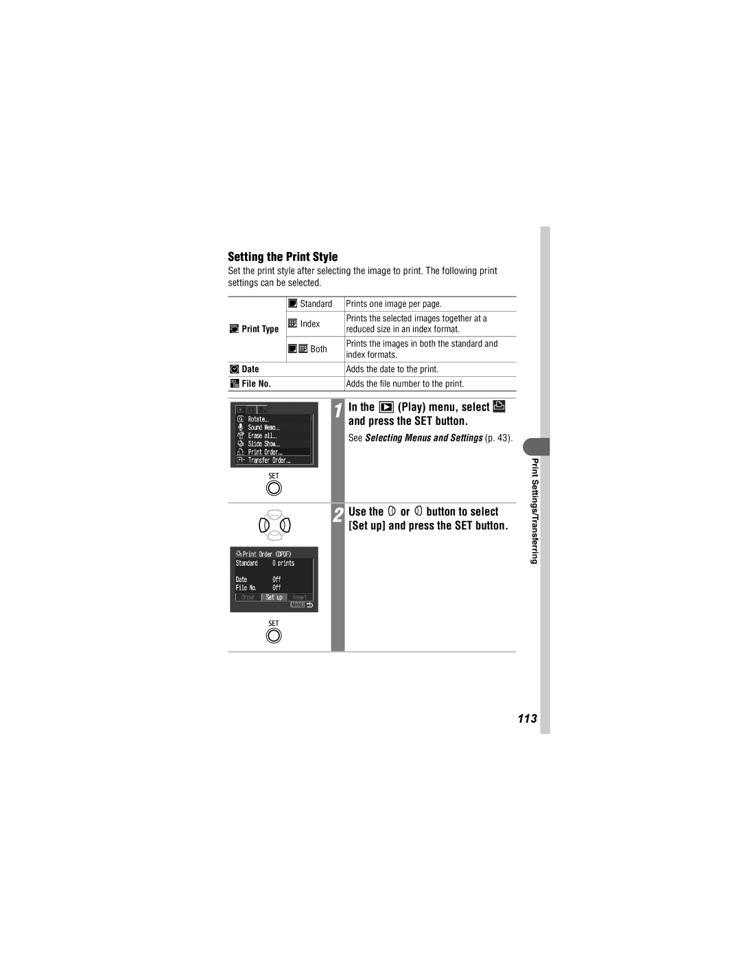 Canon 430, 500 manual Setting the Print Style, 113, Print Type, Date, File No 