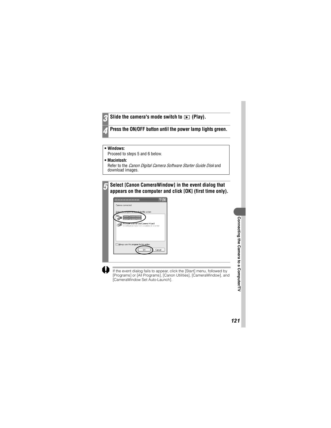 Canon 430, 500 manual Slide the cameras mode switch to Play, 121, Windows, Proceed to steps 5 and 6 below, Macintosh 