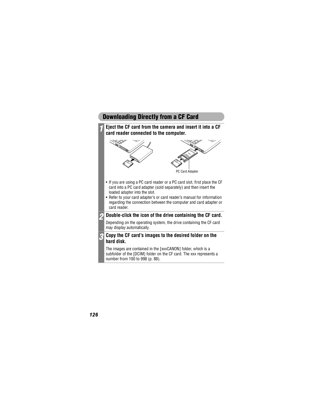 Canon 500, 430 manual Downloading Directly from a CF Card, 126, Double-click the icon of the drive containing the CF card 