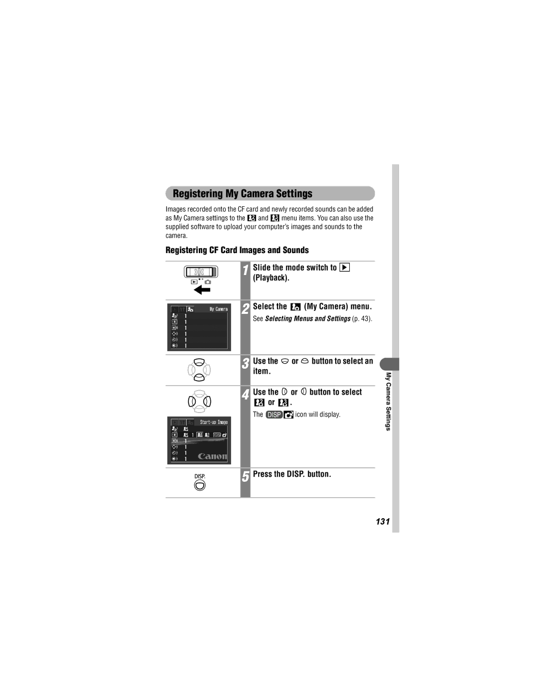 Canon 430, 500 manual Registering My Camera Settings, 131 
