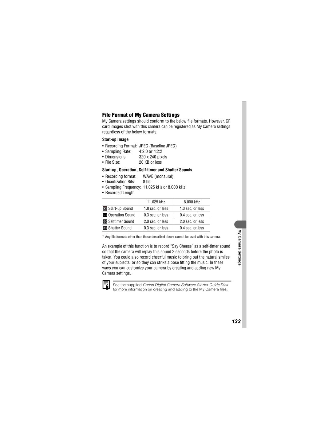 Canon 430 File Format of My Camera Settings, 133, File Size KB or less, Start-up, Operation, Self-timer and Shutter Sounds 