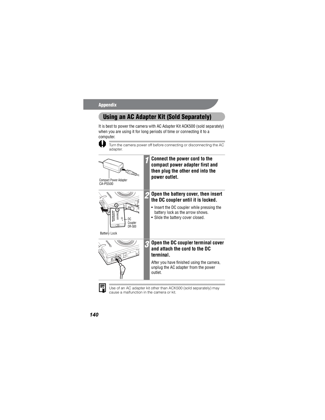 Canon 500, 430 manual Using an AC Adapter Kit Sold Separately, 140, Slide the battery cover closed 