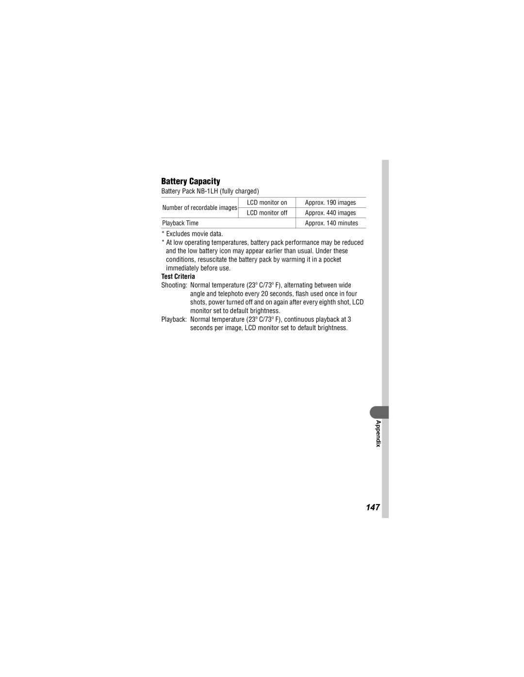 Canon 430, 500 manual Battery Capacity, 147, Test Criteria 