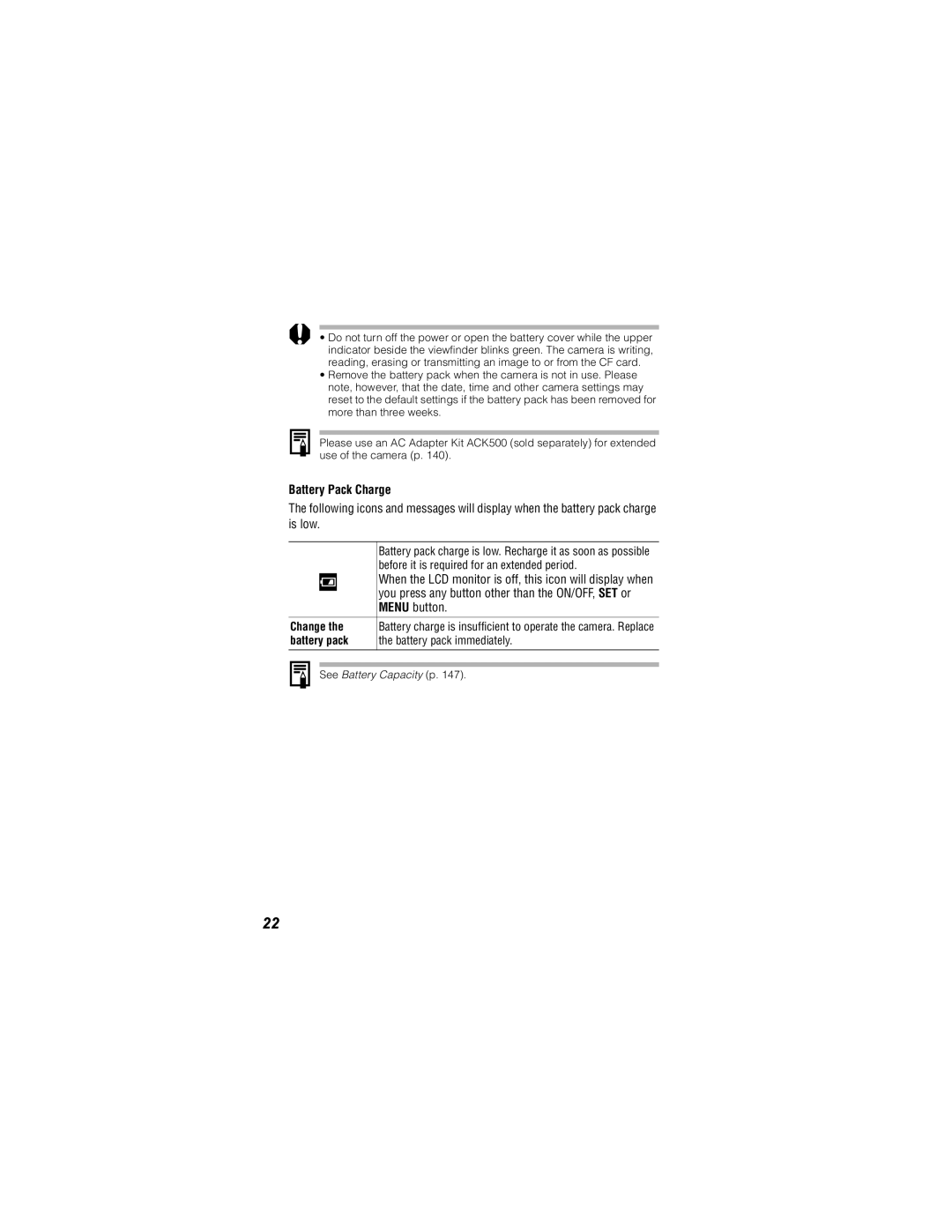 Canon 500, 430 manual Battery Pack Charge, Menu button, Change, Battery pack 