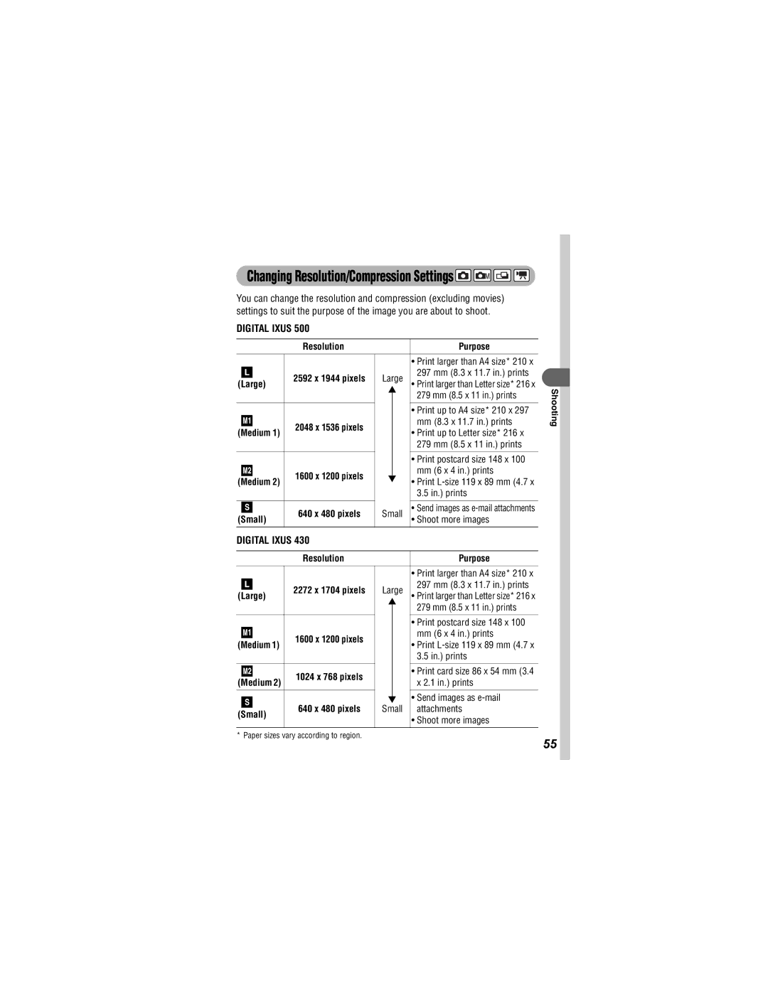 Canon 430, 500 manual Changing Resolution/Compression Settings, Resolution Purpose, Large, Medium, Small 