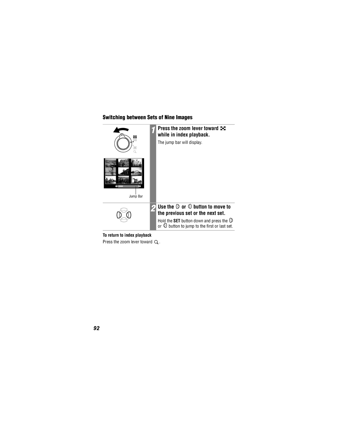 Canon 500, 430 manual Switching between Sets of Nine Images, Press the zoom lever toward while in index playback 