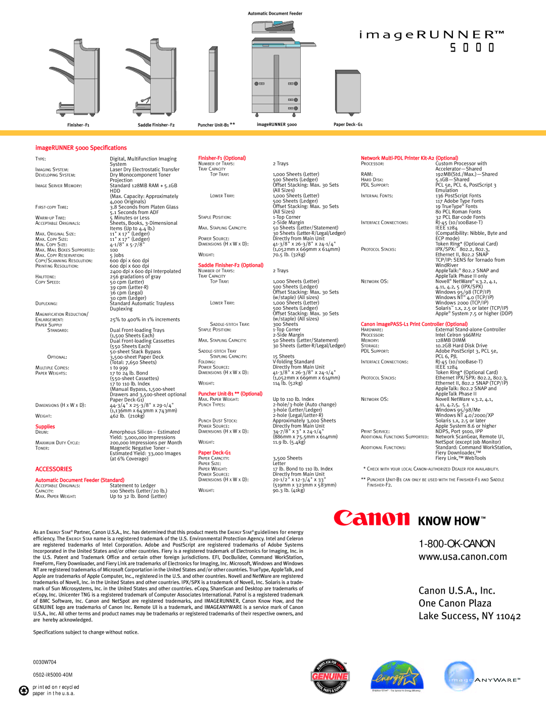 Canon 5000 manual Canon U.S.A., Inc One Canon Plaza Lake Success, NY 