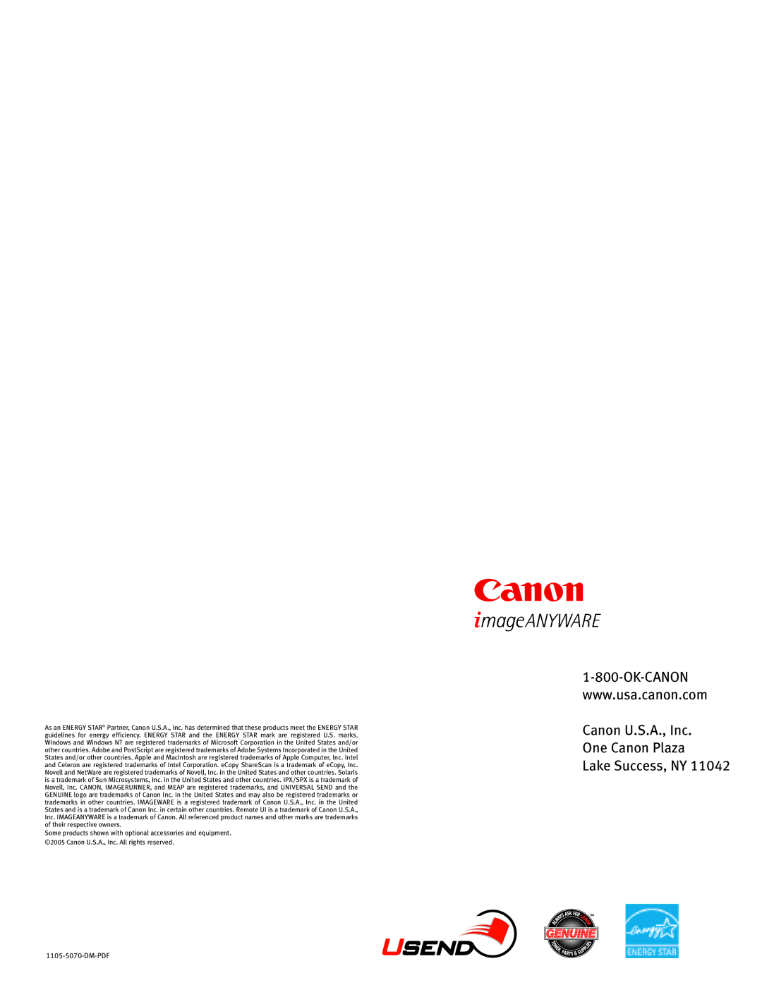 Canon 5070 manual Canon U.S.A., Inc One Canon Plaza Lake Success, NY 