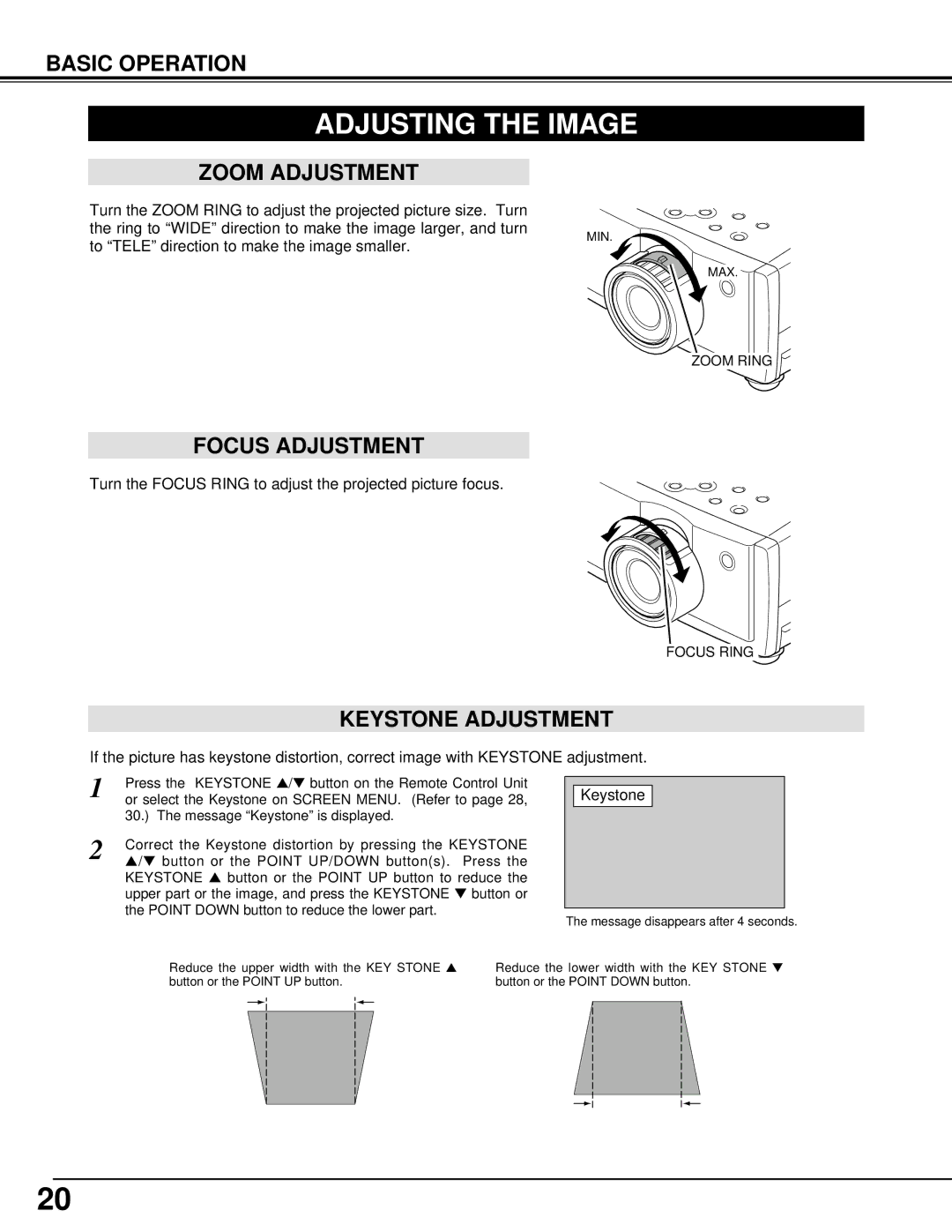 Canon 5100 owner manual Adjusting the Image, Zoom Adjustment, Focus Adjustment, Keystone Adjustment 