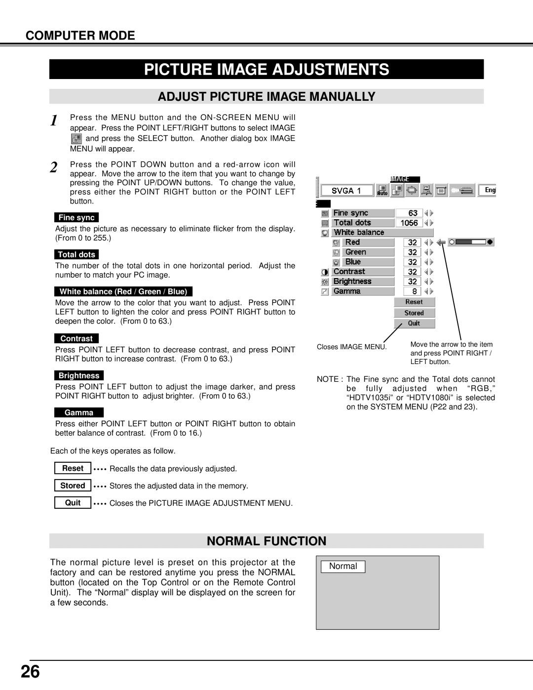 Canon 5100 owner manual Picture Image Adjustments, Adjust Picture Image Manually, Normal Function 