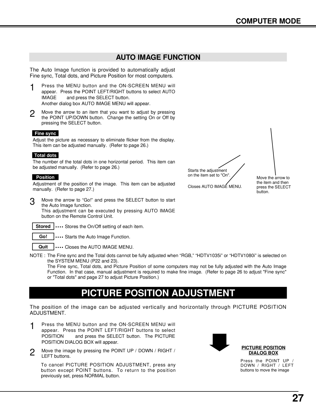 Canon 5100 owner manual Picture Position Adjustment, Computer Mode Auto Image Function 