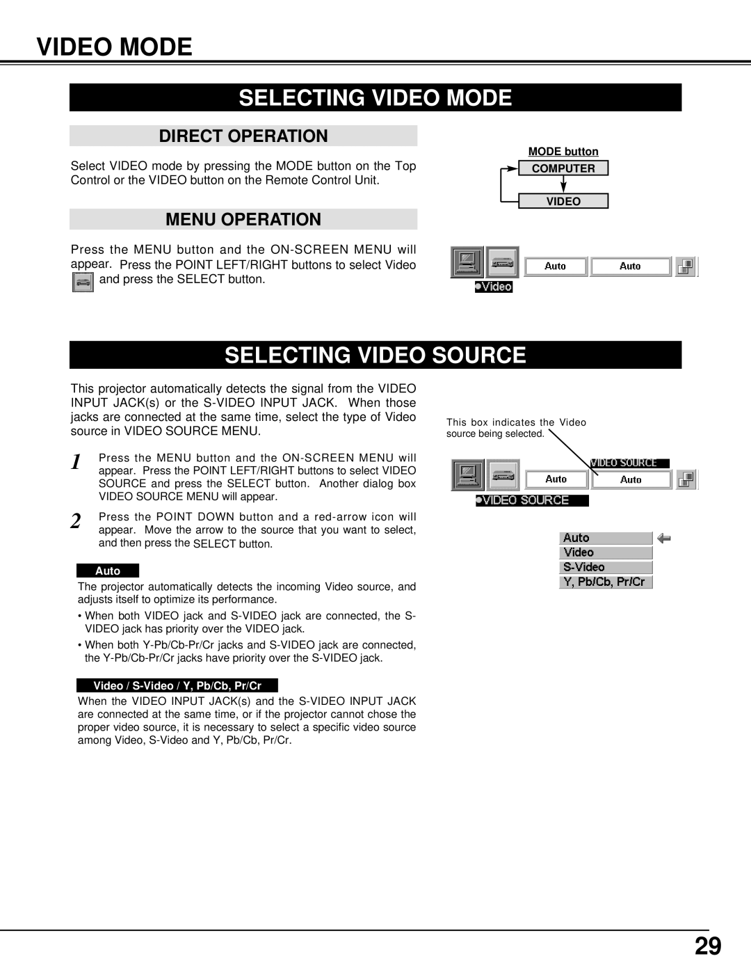 Canon 5100 owner manual Selecting Video Mode, Selecting Video Source, Auto, Video / S-Video / Y, Pb/Cb, Pr/Cr 