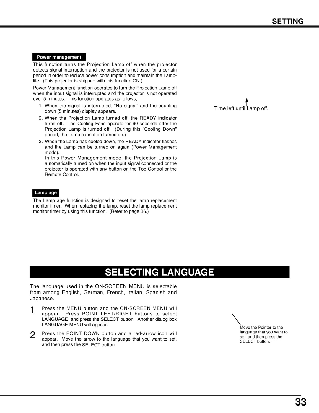 Canon 5100 owner manual Selecting Language, Power management, Lamp age 