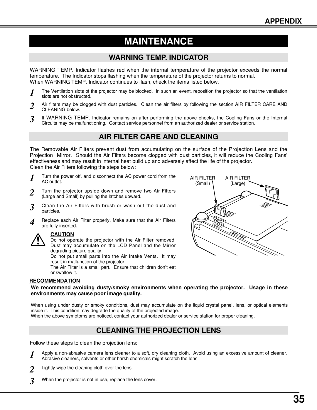 Canon 5100 owner manual Maintenance, AIR Filter Care and Cleaning, Cleaning the Projection Lens 