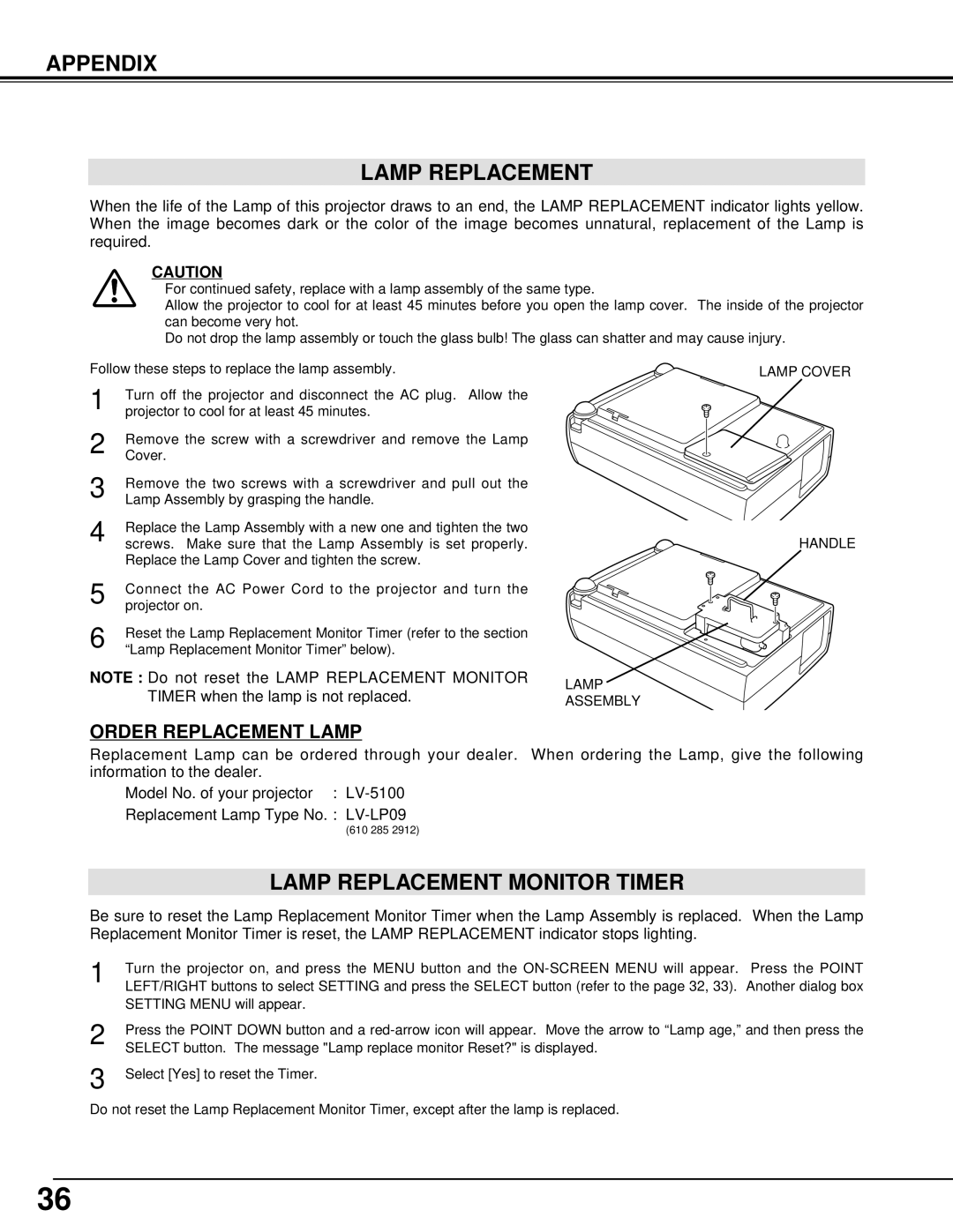 Canon 5100 owner manual Appendix Lamp Replacement, Lamp Replacement Monitor Timer, Lamp Assembly Lamp Cover Handle 