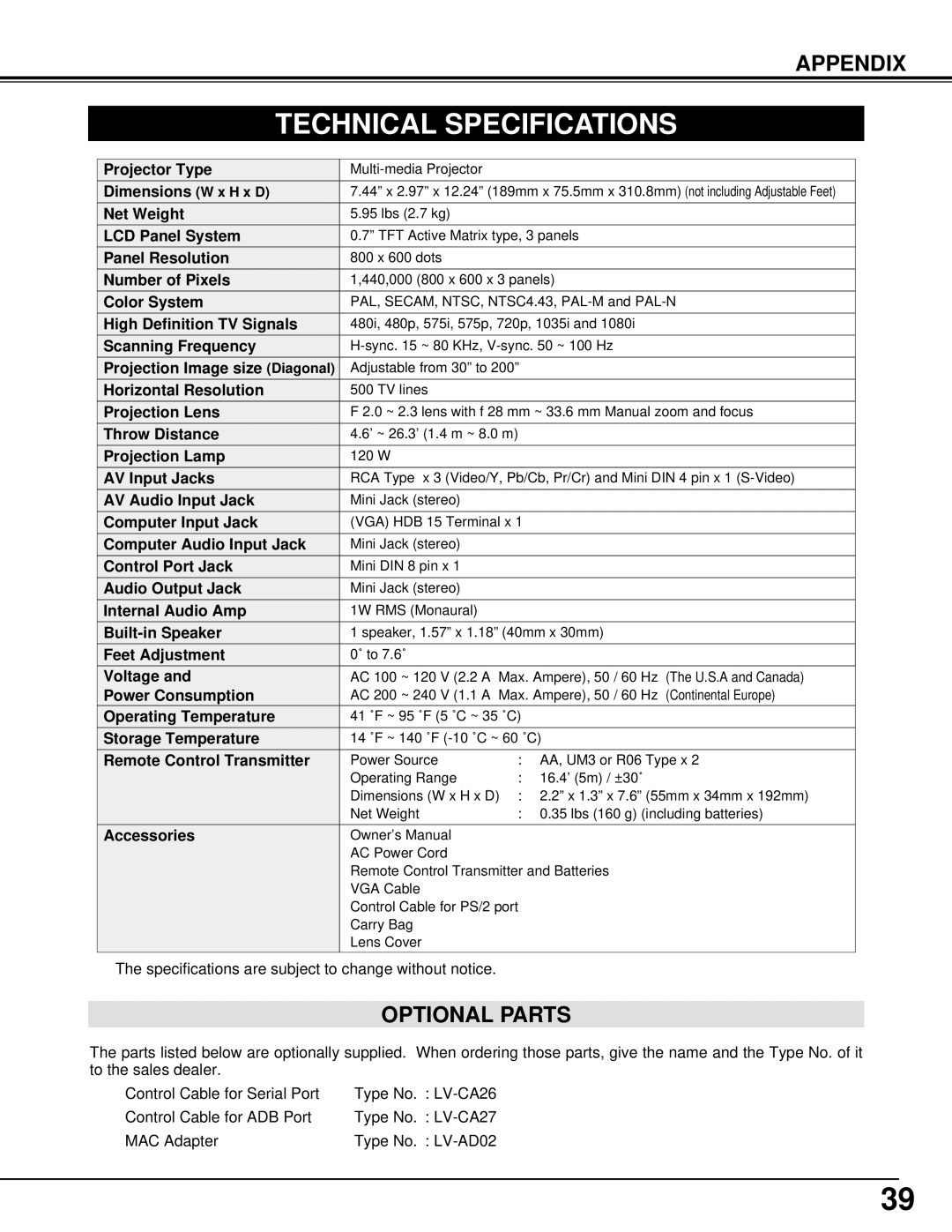 Canon 5100 owner manual Technical Specifications, Optional Parts 