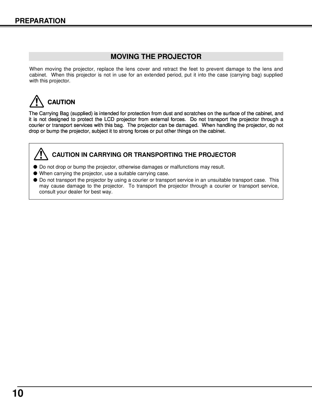 Canon 5100 owner manual Preparation Moving The Projector, Caution In Carrying Or Transporting The Projector 