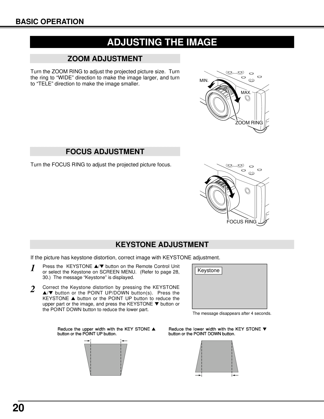 Canon 5100 owner manual Adjusting The Image, Zoom Adjustment, Focus Adjustment, Keystone Adjustment, Basic Operation 