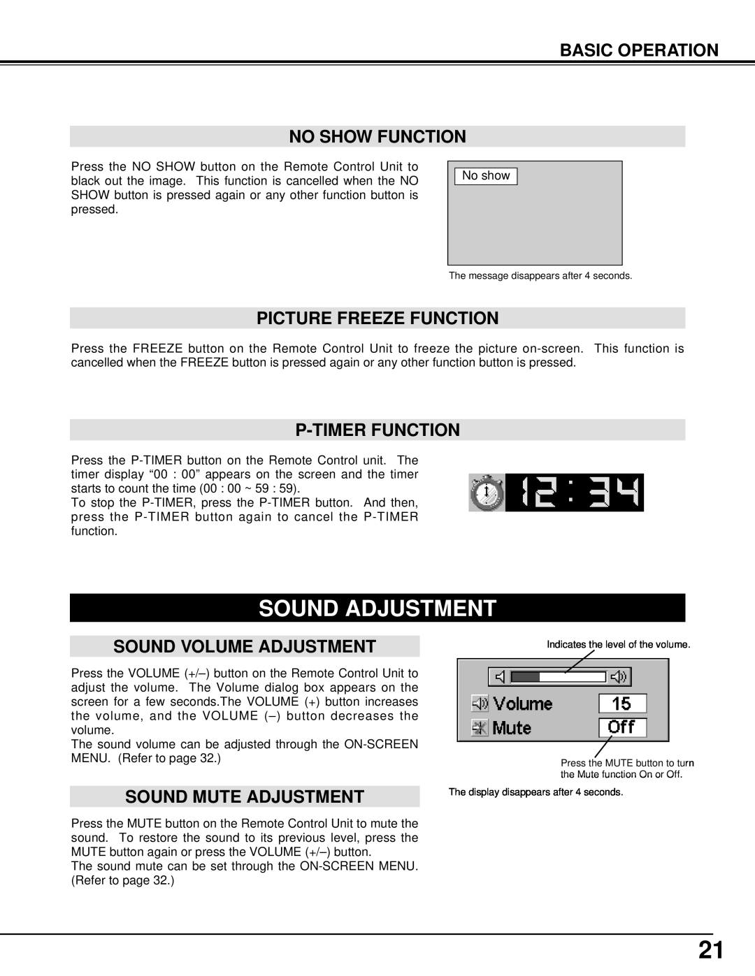 Canon 5100 owner manual Sound Adjustment, Basic Operation No Show Function, Picture Freeze Function, P-Timer Function 