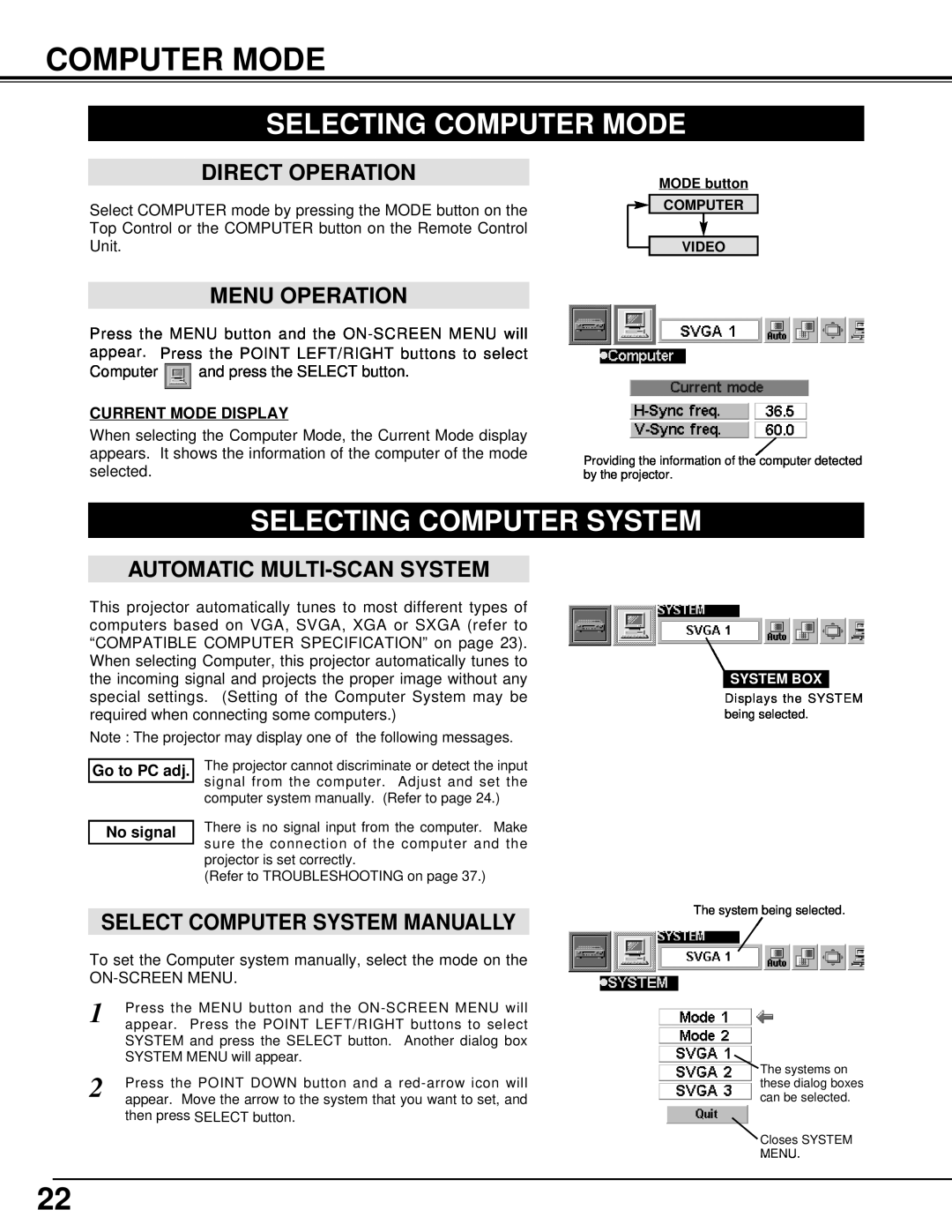 Canon 5100 Selecting Computer Mode, Selecting Computer System, Direct Operation, Menu Operation, Current Mode Display 
