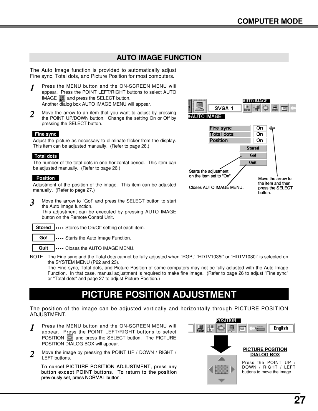 Canon 5100 owner manual Picture Position Adjustment, Computer Mode Auto Image Function, Fine sync, Total dots 