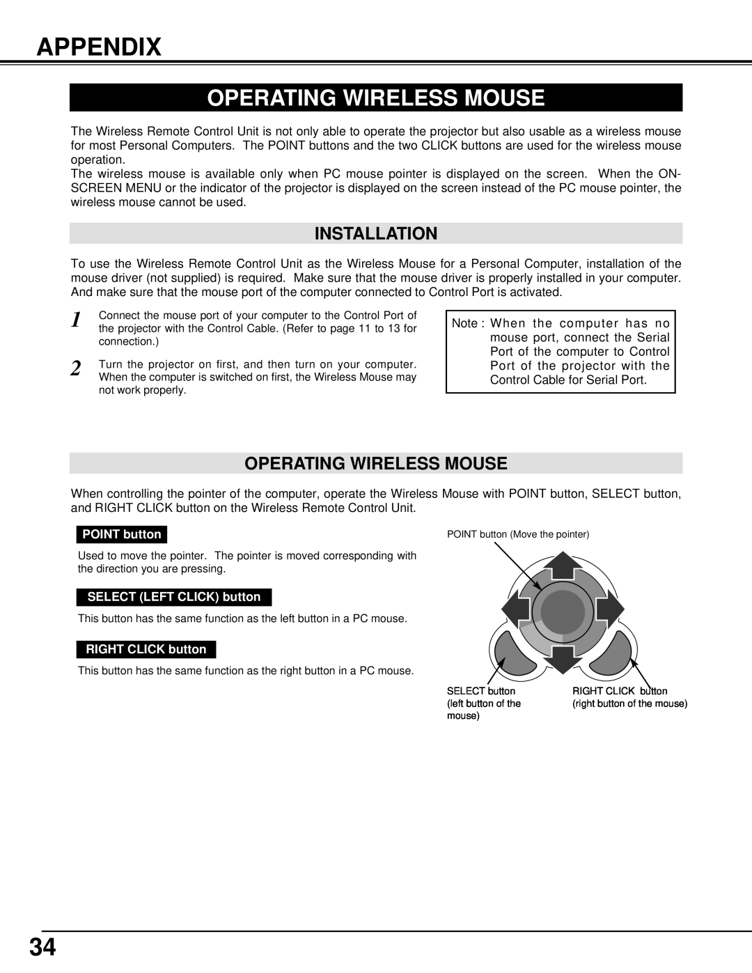 Canon 5100 owner manual Appendix, Operating Wireless Mouse, Installation 