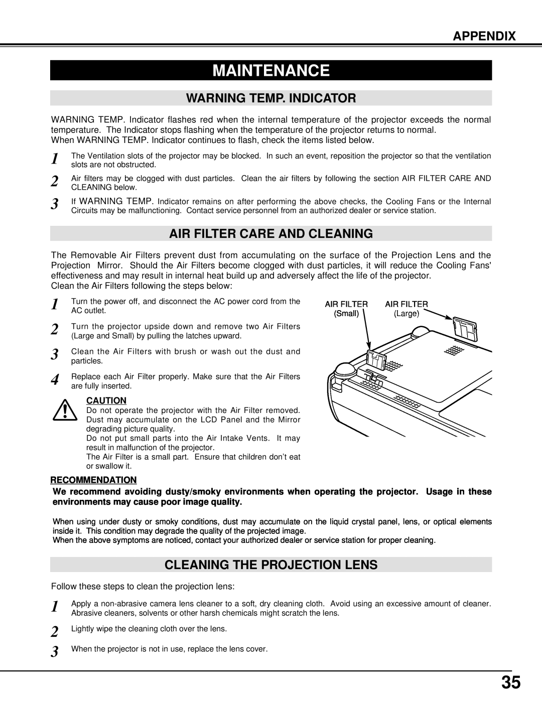 Canon 5100 Maintenance, Warning Temp. Indicator, Air Filter Care And Cleaning, Cleaning The Projection Lens, Appendix 