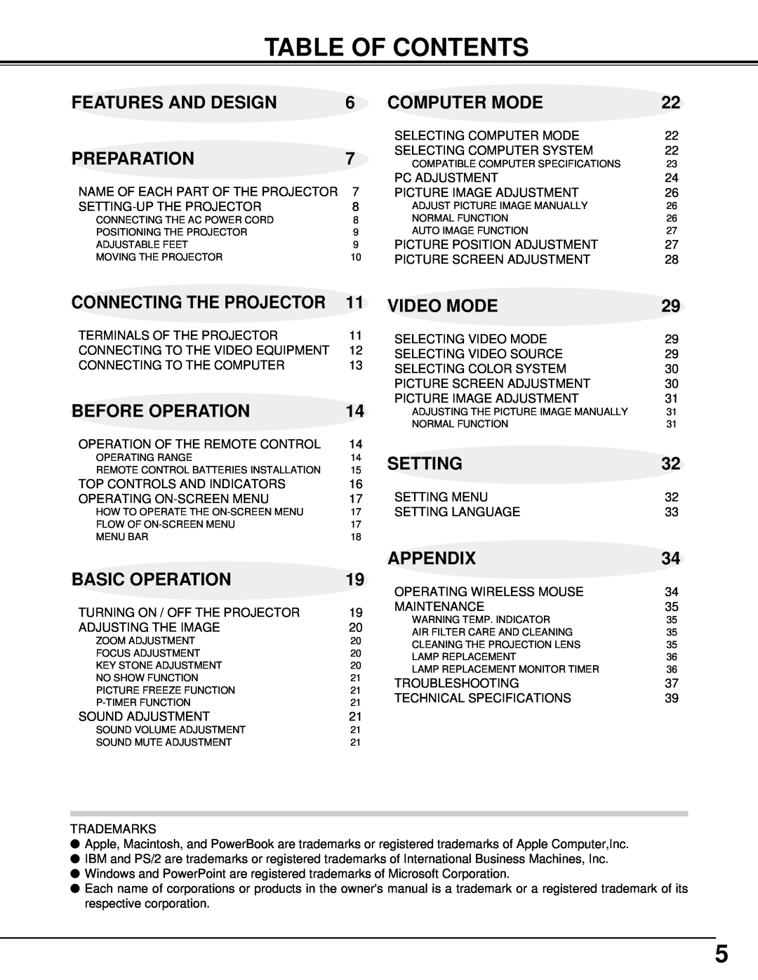 Canon 5100 Table Of Contents, Features And Design, Computer Mode, Preparation, Video Mode, Before Operation, Setting 